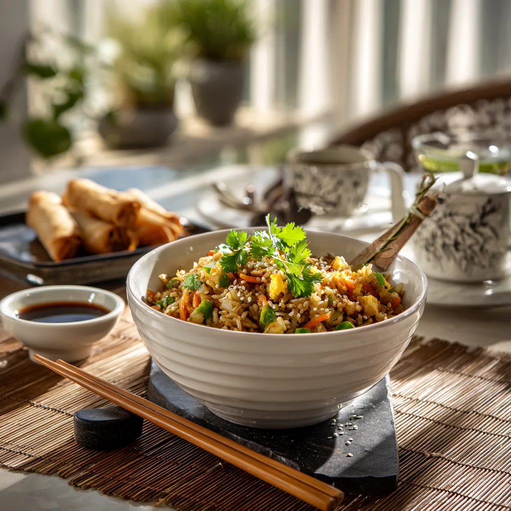 Présentation élégante riz sauté aux légumes et œufs servi sur table asiatique