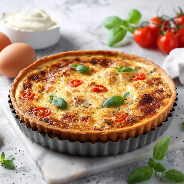 Quiche au thon dorée vue du dessus avec tomates et fromage gratiné dans moule à tarte