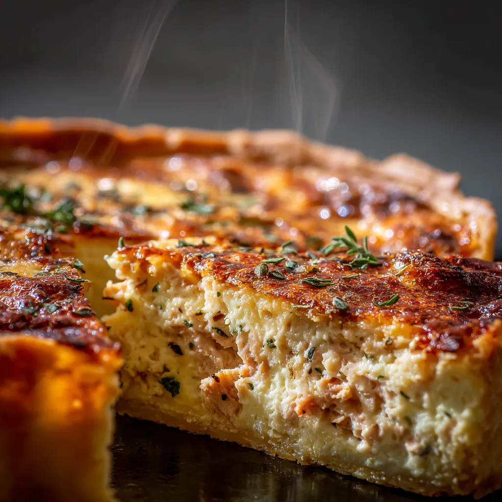 Part de quiche au thon montrant la texture crémeuse avec morceaux de thon et appareil fondant