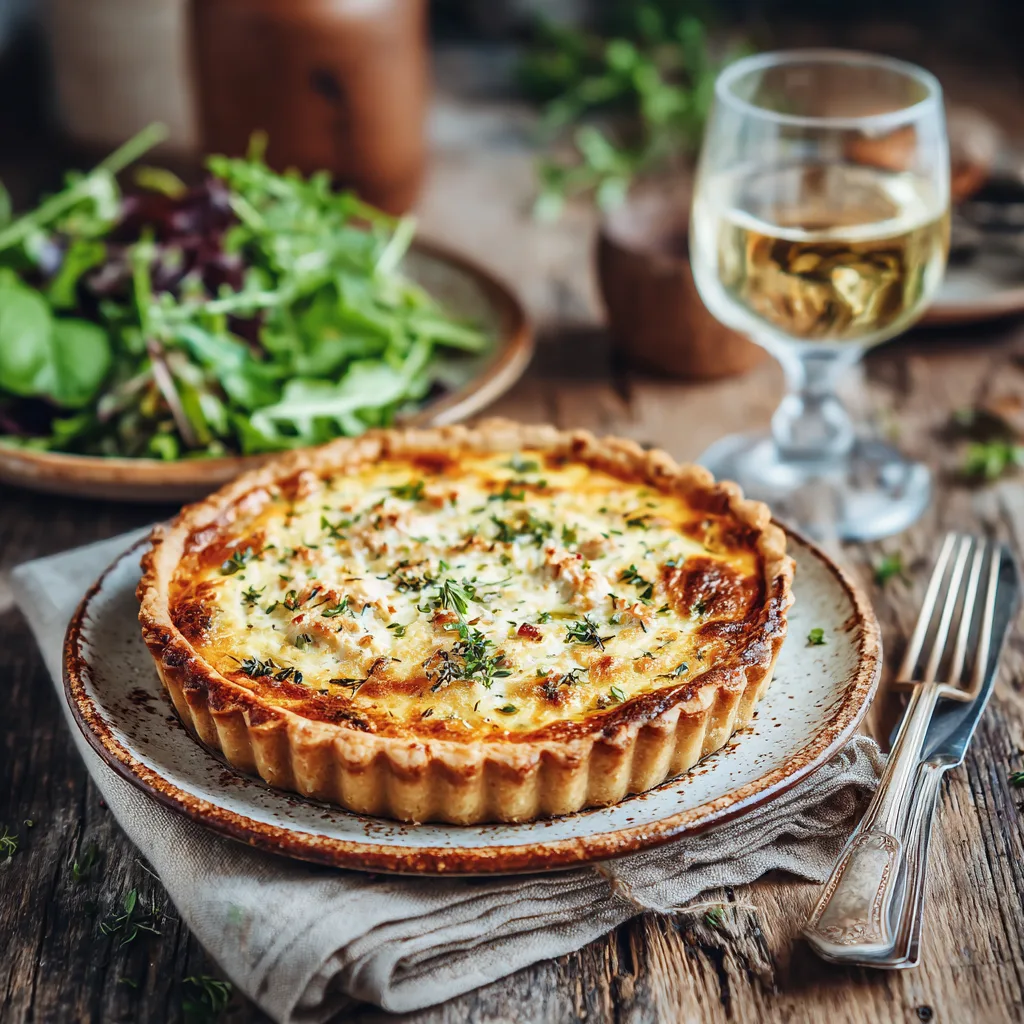 Quiche au thon élégamment servie sur assiette avec salade verte et accompagnements sur table rustique