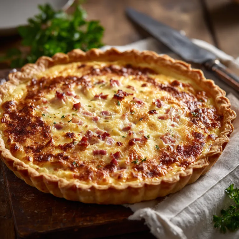 Quiche au jambon et fromage dorée vue du dessus sur table en bois avec pâte croustillante et garniture gratinée