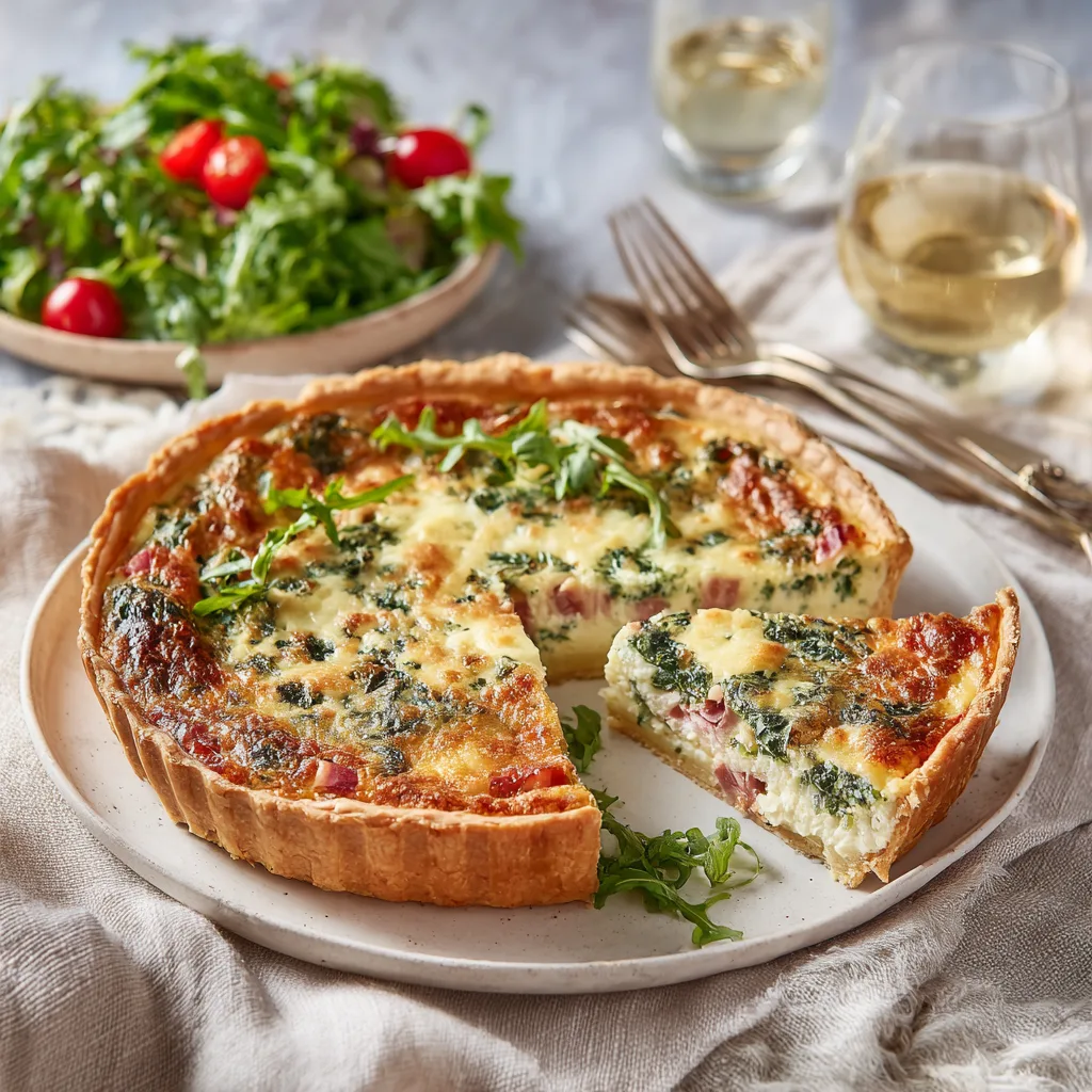 Quiche au jambon et fromage servie sur table élégante avec salade verte et accompagnements