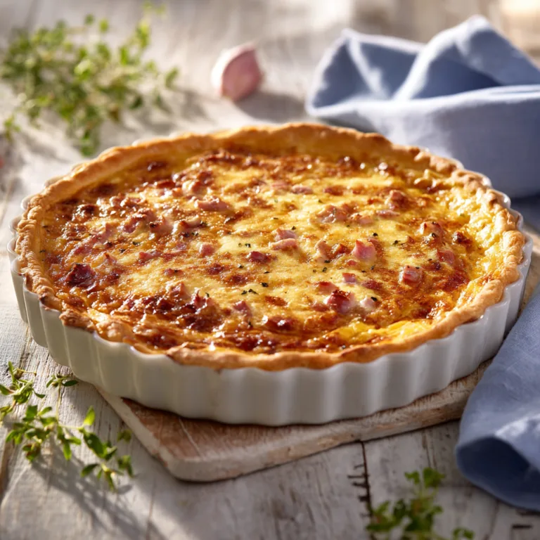 Quiche Lorraine sans pâte dorée vue de dessus avec fromage gratiné et lardons