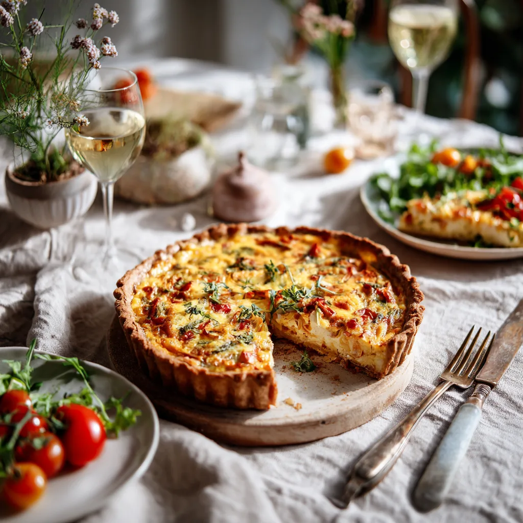Quiche Lorraine sans pâte servie table avec salade verte accompagnements