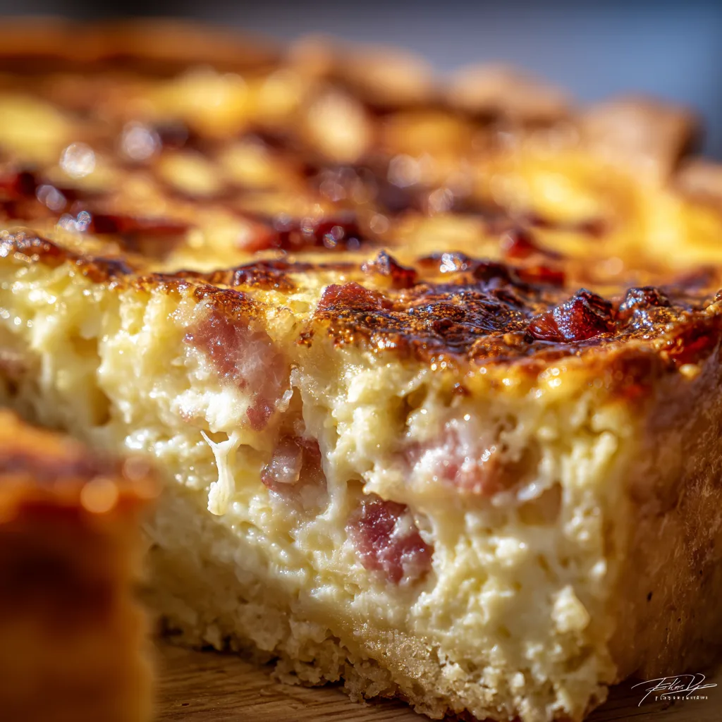 Gros plan texture crémeuse intérieure Quiche Lorraine sans pâte avec lardons