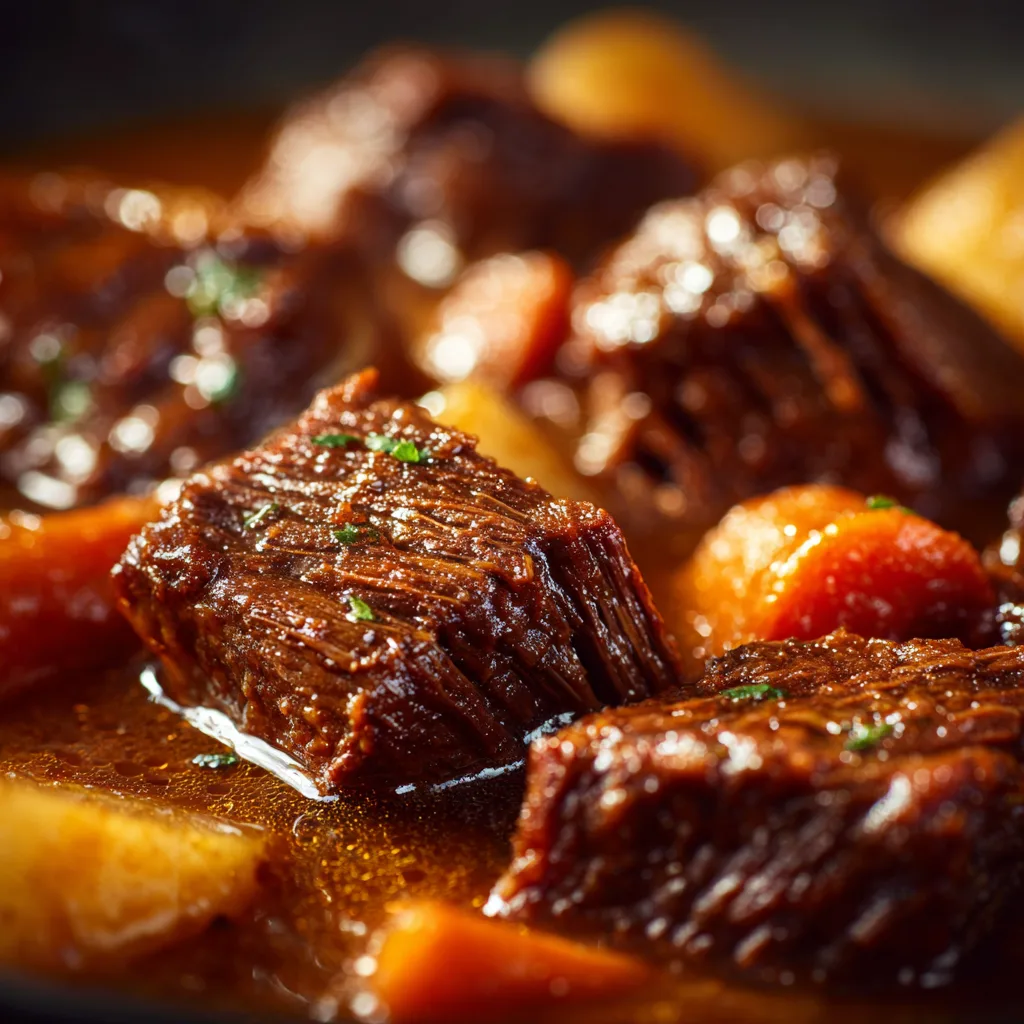 Gros plan de morceaux de bœuf tendres dans une sauce de ragoût onctueuse avec légumes