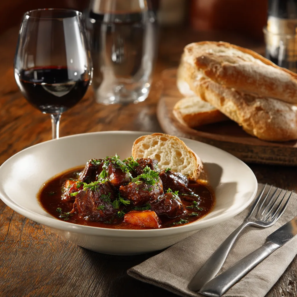 Ragoût de bœuf servi dans un bol avec pain croûté et accompagnements sur table rustique