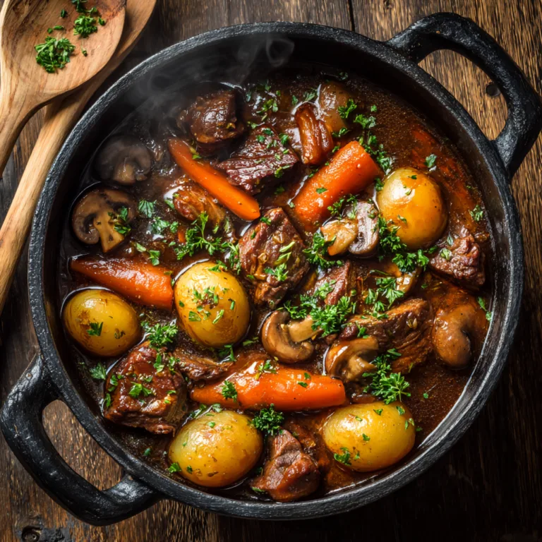 Ragoût de bœuf traditionnel maison avec légumes et sauce dans une cocotte en fonte