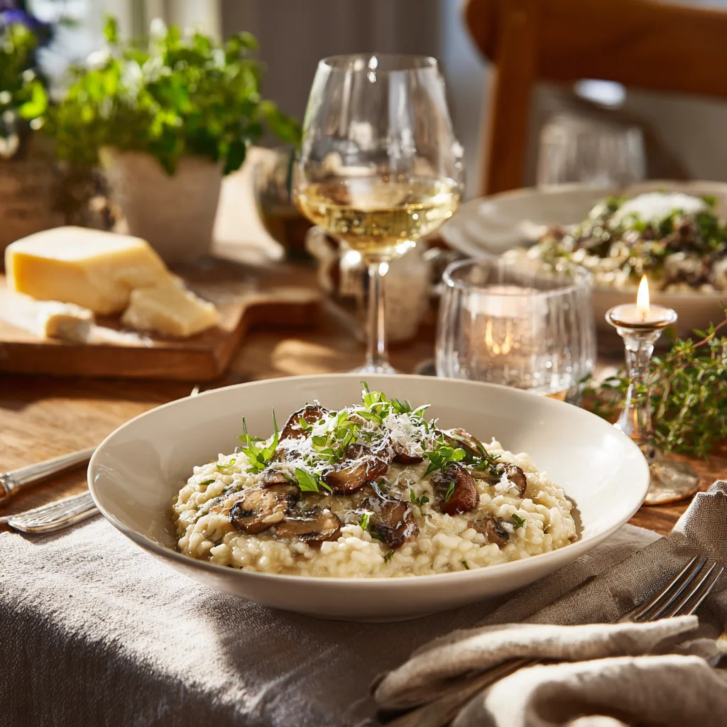 Risotto crémeux champignons élégamment servi sur table dressée avec vin blanc