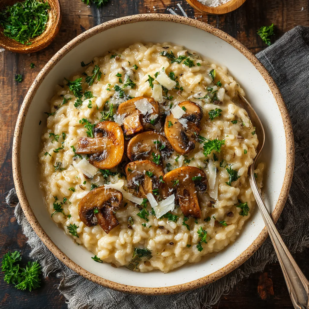 Risotto crémeux aux champignons servi dans un bol blanc avec persil frais et copeaux de parmesan