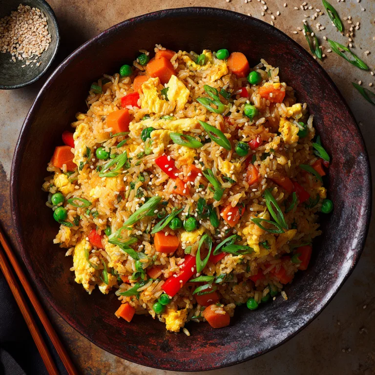 Bol de riz sauté aux légumes et œufs vue du dessus avec carottes poivrons et petits pois
