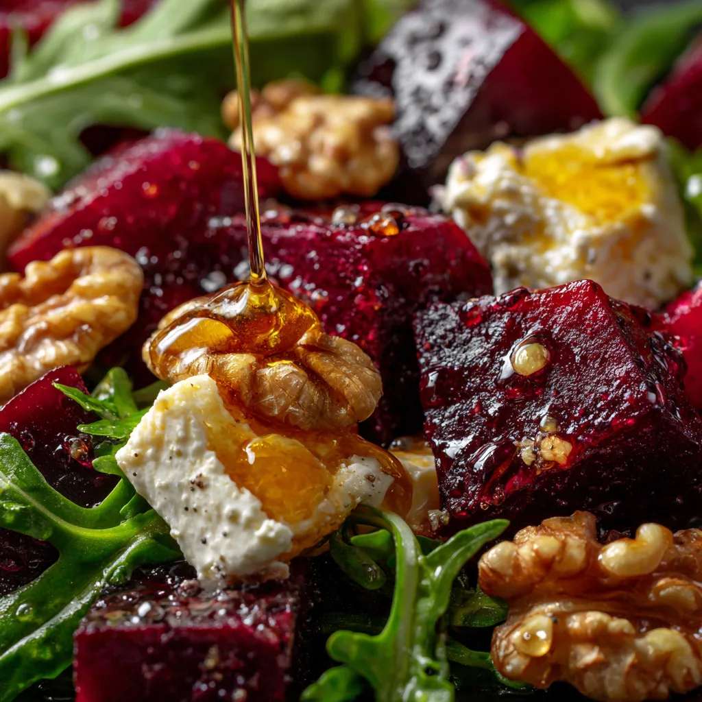 Gros plan sur les ingrédients d'une salade betterave chèvre avec fromage crémeux et noix