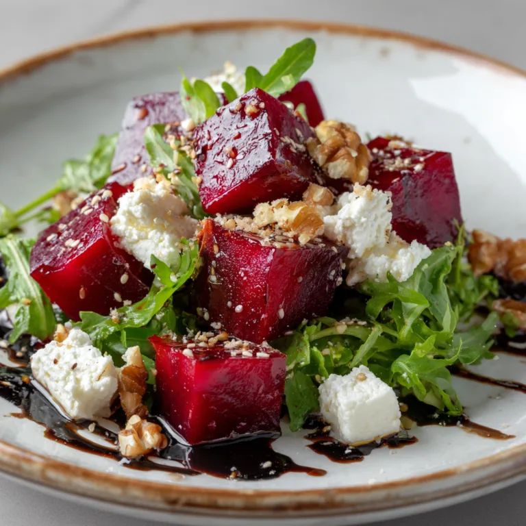 Salade betterave chèvre vue du dessus avec noix et vinaigrette balsamique sur assiette blanche