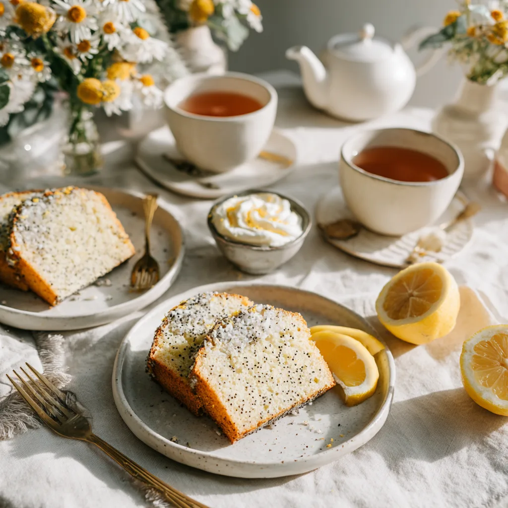 Cake citron pavot servi en tranches avec thé sur table élégante décoration florale