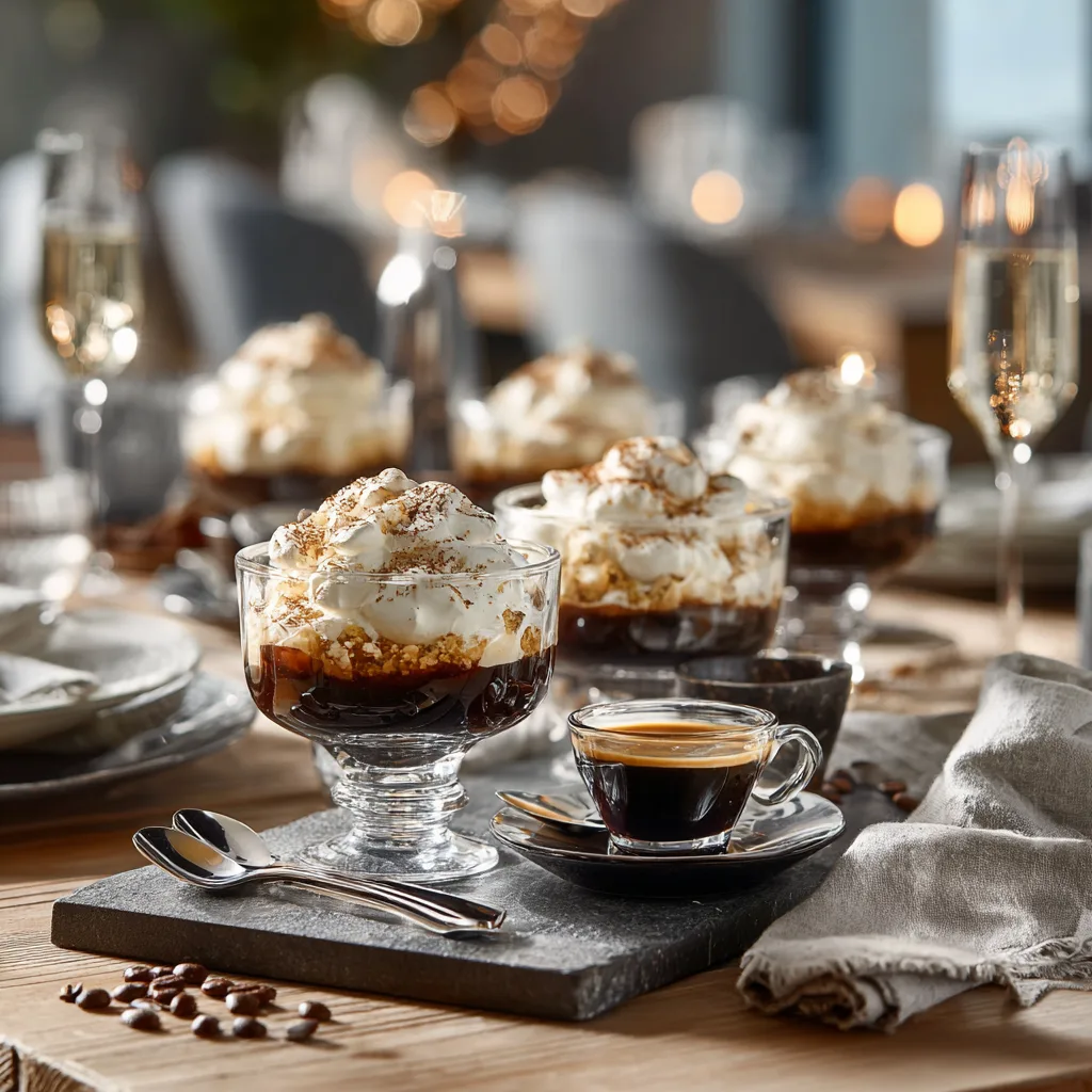 Plusieurs coupes de dessert glacé au café et meringue élégamment servies avec espresso