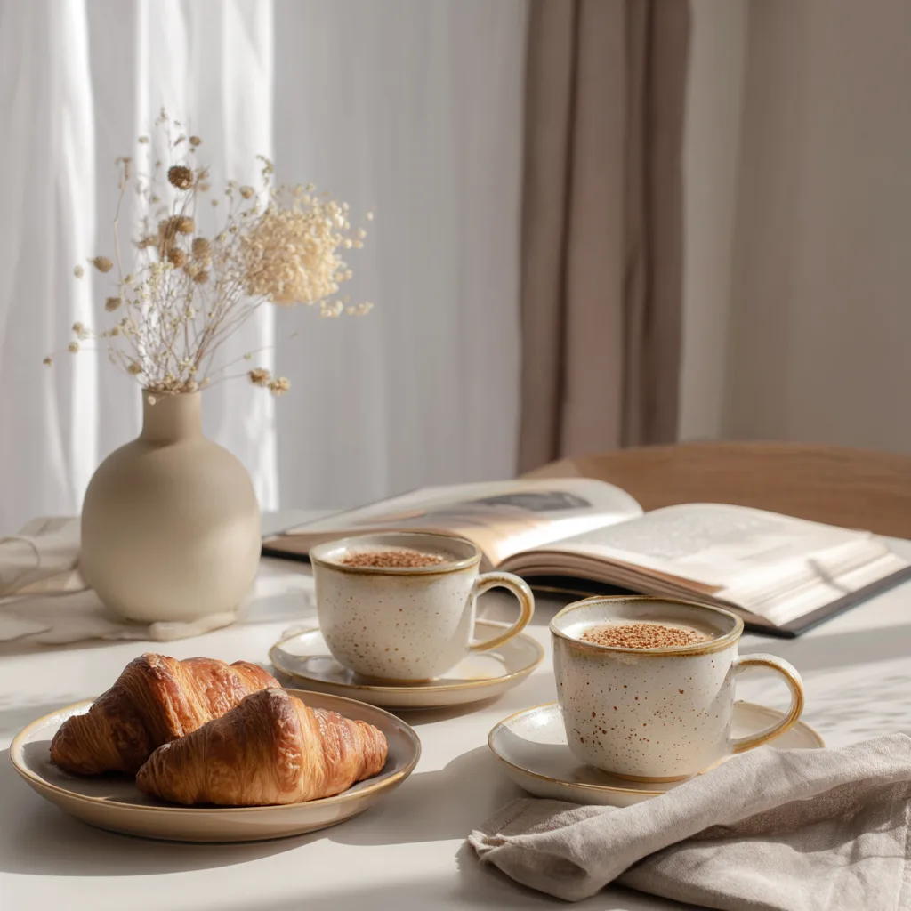 Latte spéculoos servi sur table petit-déjeuner avec croissants et décoration élégante ambiance cosy