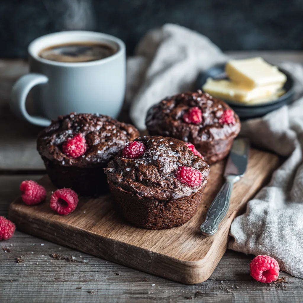 Muffins chocolat noir et framboise servis au petit-déjeuner avec café et accompagnements