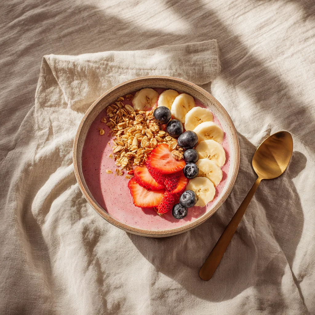 Smoothie aux fruits servi avec granola et fruits frais