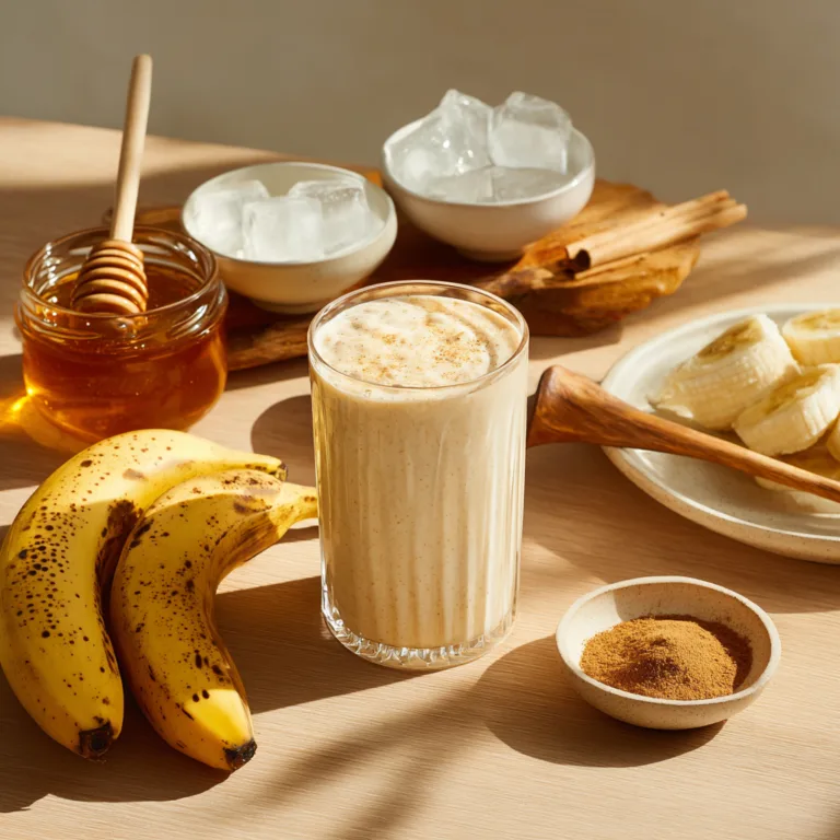Smoothie banane et miel vue du dessus avec ingrédients frais bananes mûres pot de miel yaourt sur table en bois