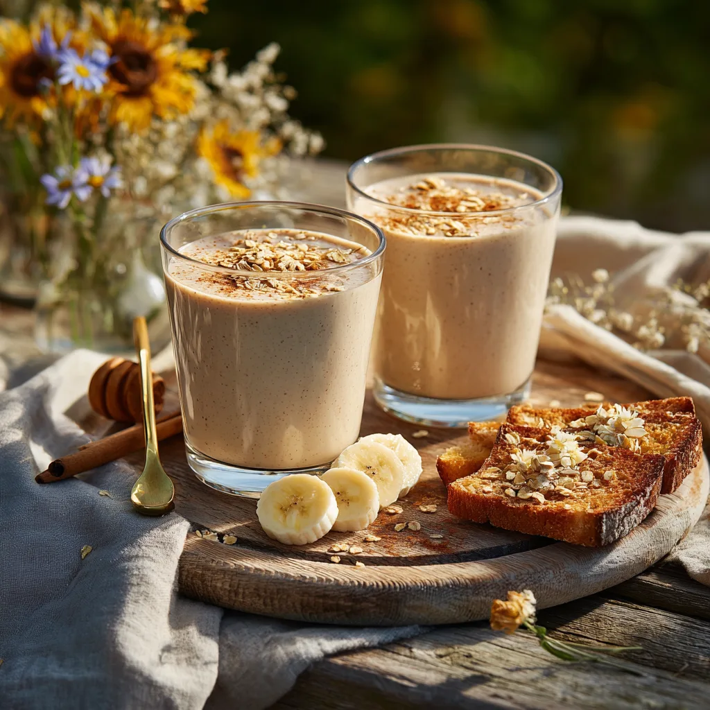 Smoothie banane et miel servi deux verres plateau bois garniture cannelle banane granola petit dejeuner sain