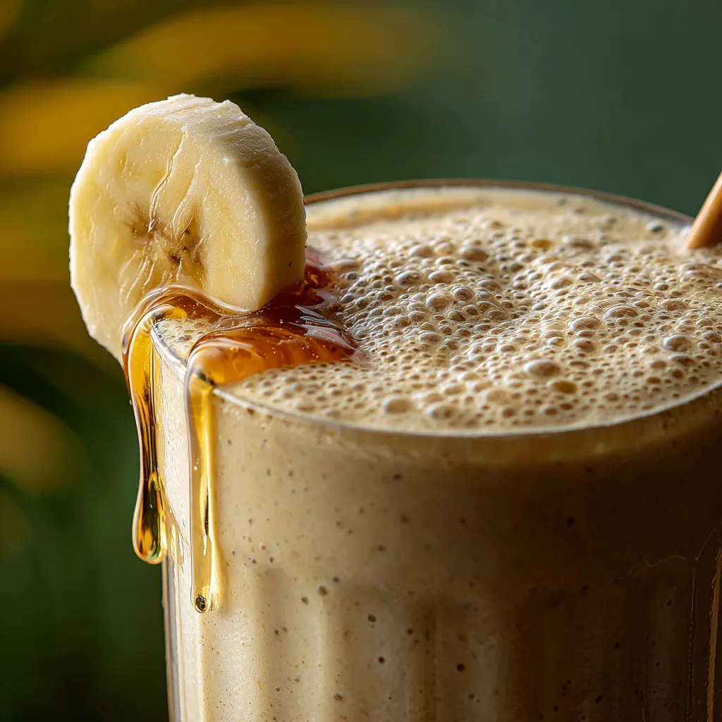 Gros plan texture crémeuse smoothie banane et miel avec mousse rondelle banane filet miel paille bambou