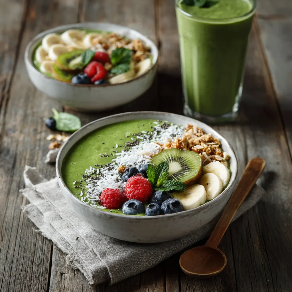 Smoothie bowl vert printemps servi avec fruits frais kiwi banane baies granola présentation stylisée