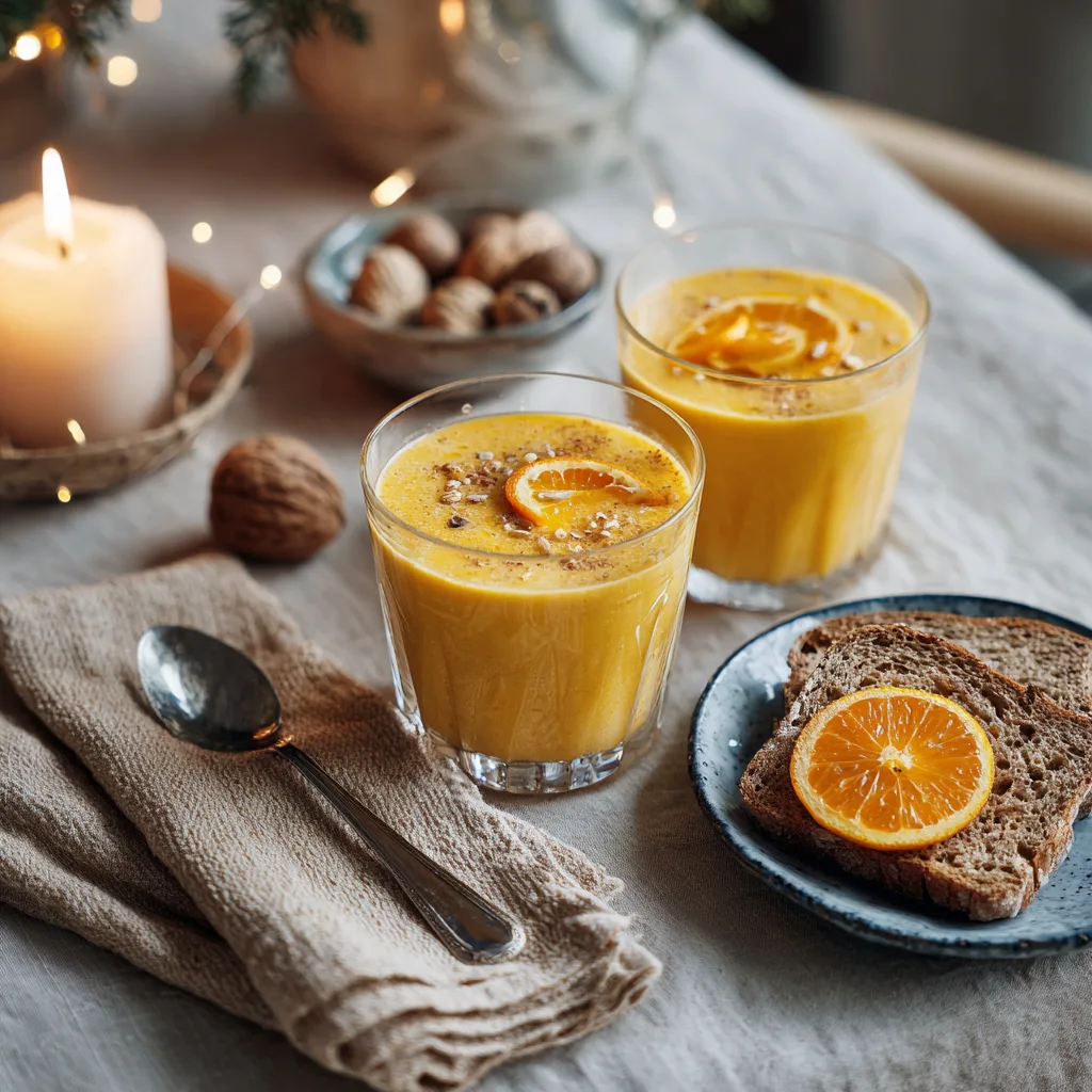 Smoothie Détox Hiver servi sur une table de petit-déjeuner d’hiver avec accompagnements