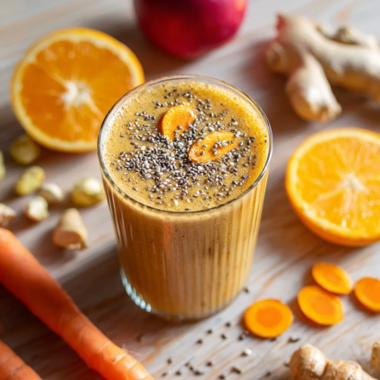 Smoothie Détox Hiver vu de dessus avec orange, citron, carotte et gingembre