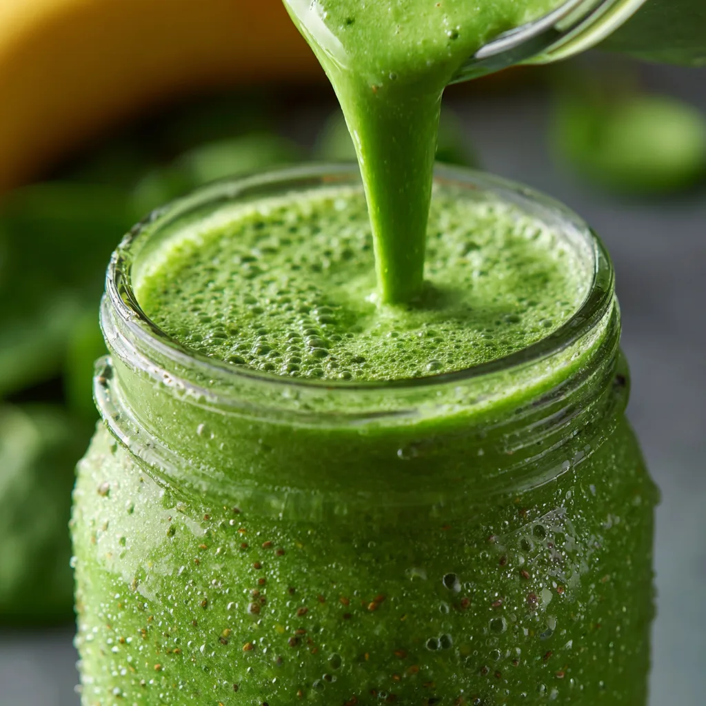 Gros plan texture crémeuse smoothie vert printemps avec graines de chia versé dans bocal mason