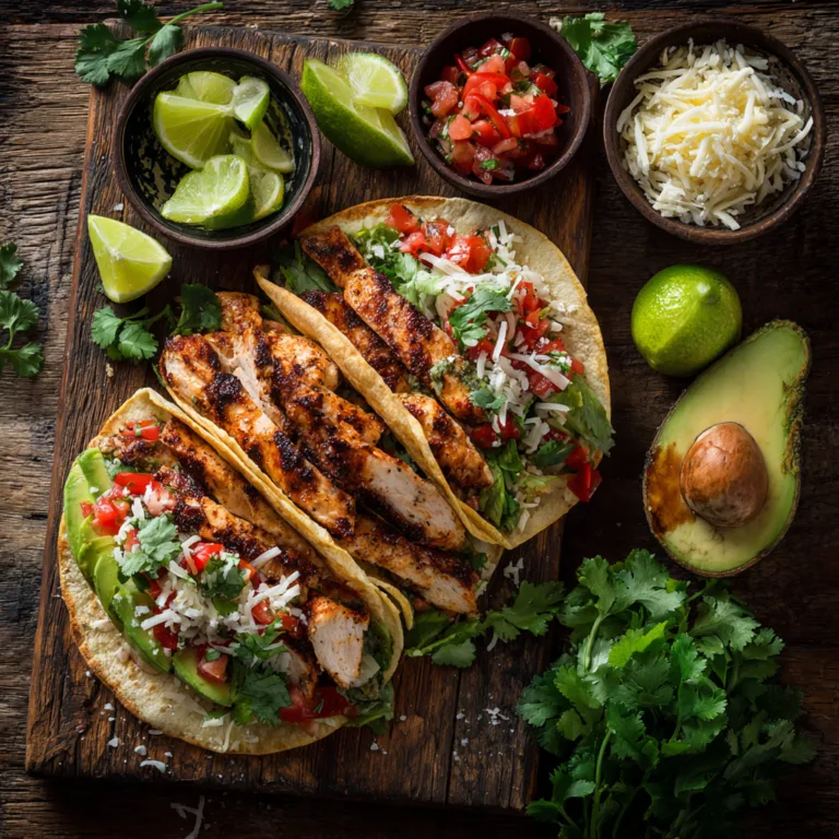 Tacos maison au poulet grillé disposés sur une table avec garnitures fraîches, vue du dessus