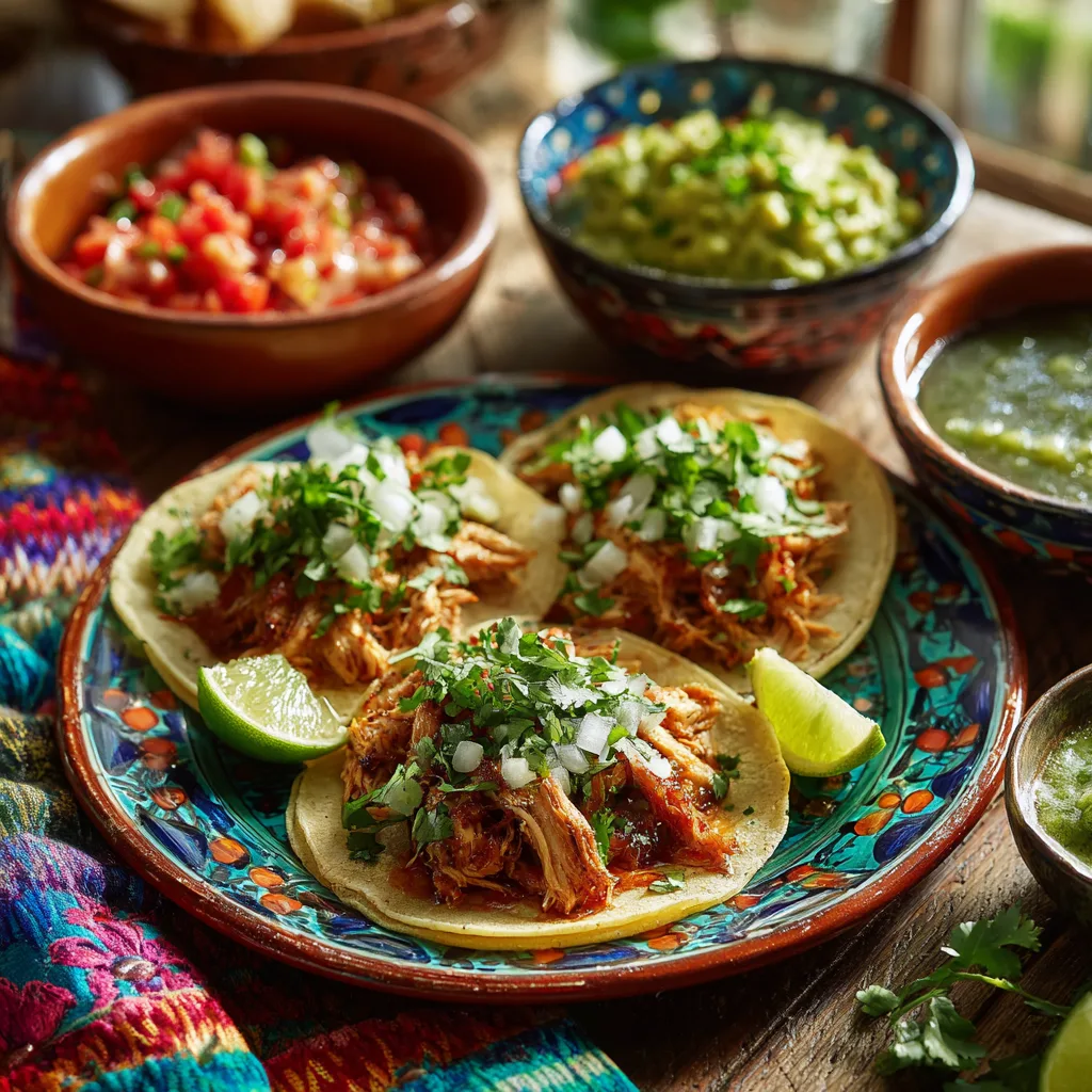 Tacos maison au poulet grillé servis avec salsas, guacamole et accompagnements mexicains