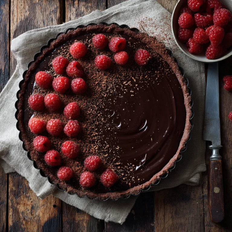 Tarte au chocolat noir maison vue du dessus avec ganache fondante et fruits rouges”