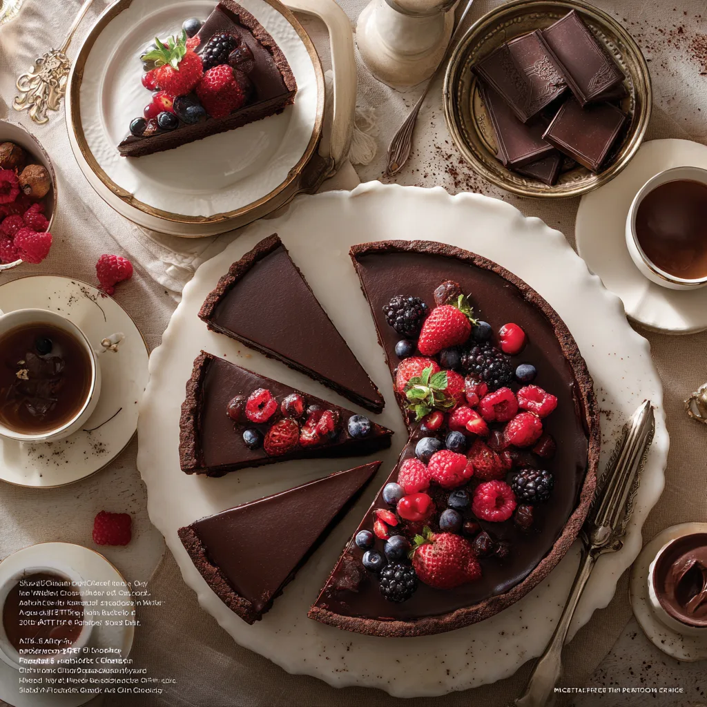 Tarte au chocolat noir servie à table avec café et fruits rouges