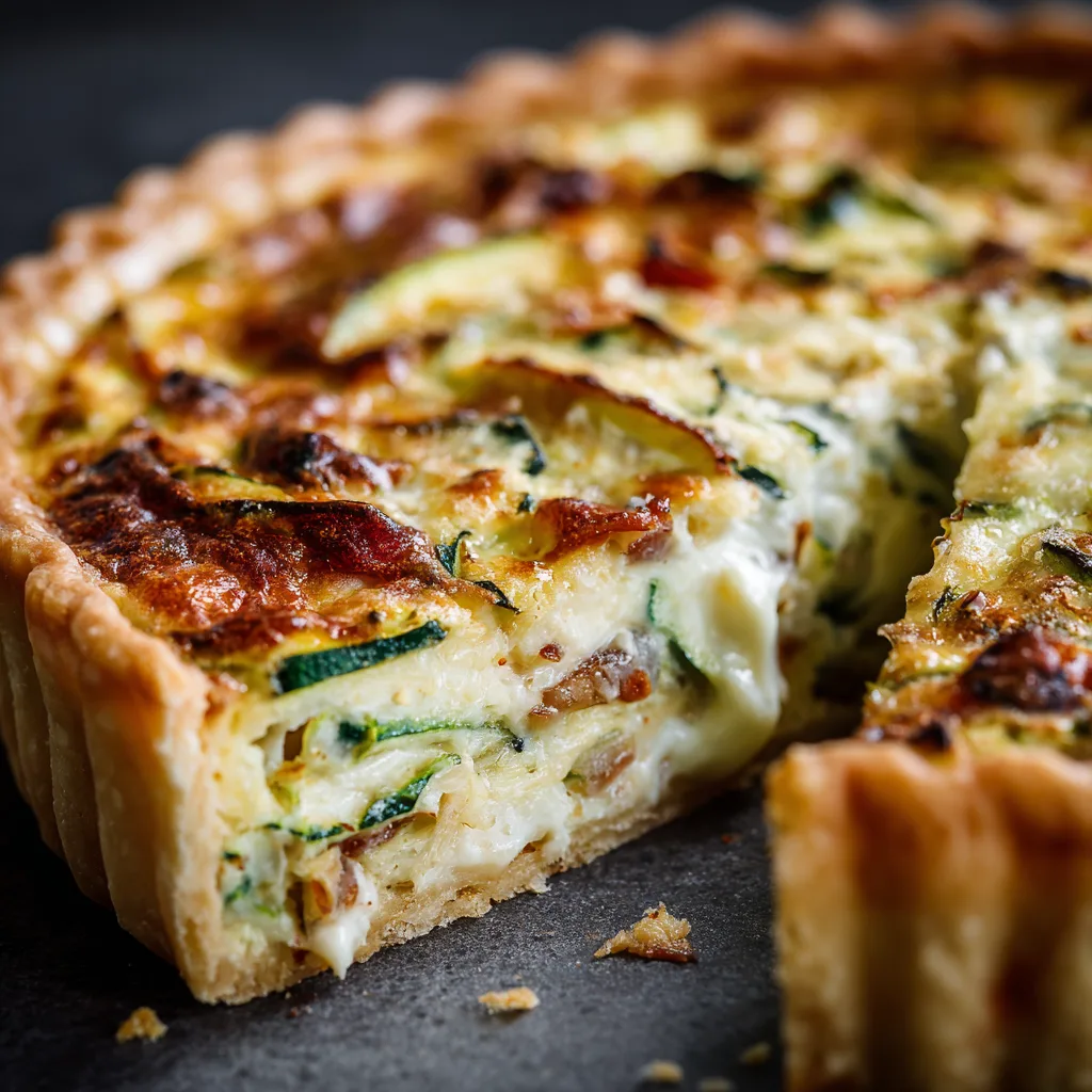 Part de tarte courgette tomate coupée montrant la garniture crémeuse et les légumes fondants