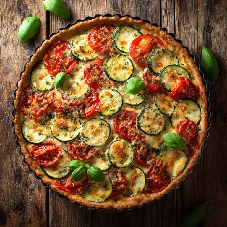 Tarte courgette tomate vue du dessus avec rondelles disposées en cercles dorée au four