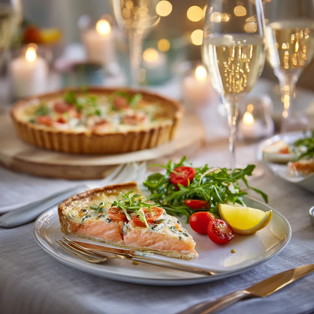 Part de Tarte au saumon fumé et poireaux élégamment servie avec salade verte sur assiette blanche