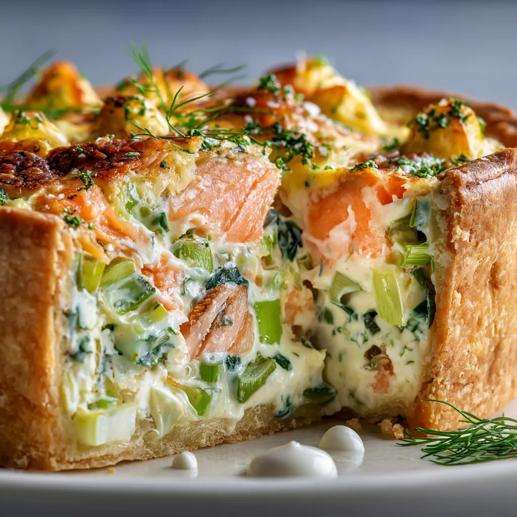 Gros plan d'une part de Tarte au saumon fumé et poireaux montrant la texture crémeuse et les morceaux de saumon