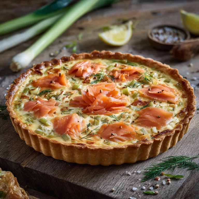 Tarte au saumon fumé et poireaux dorée vue du dessus avec aneth frais et garniture crémeuse sur table en bois