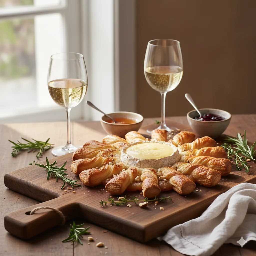 Tarte Soleil au Camembert Rôti servie en apéritif avec vin blanc et accompagnements