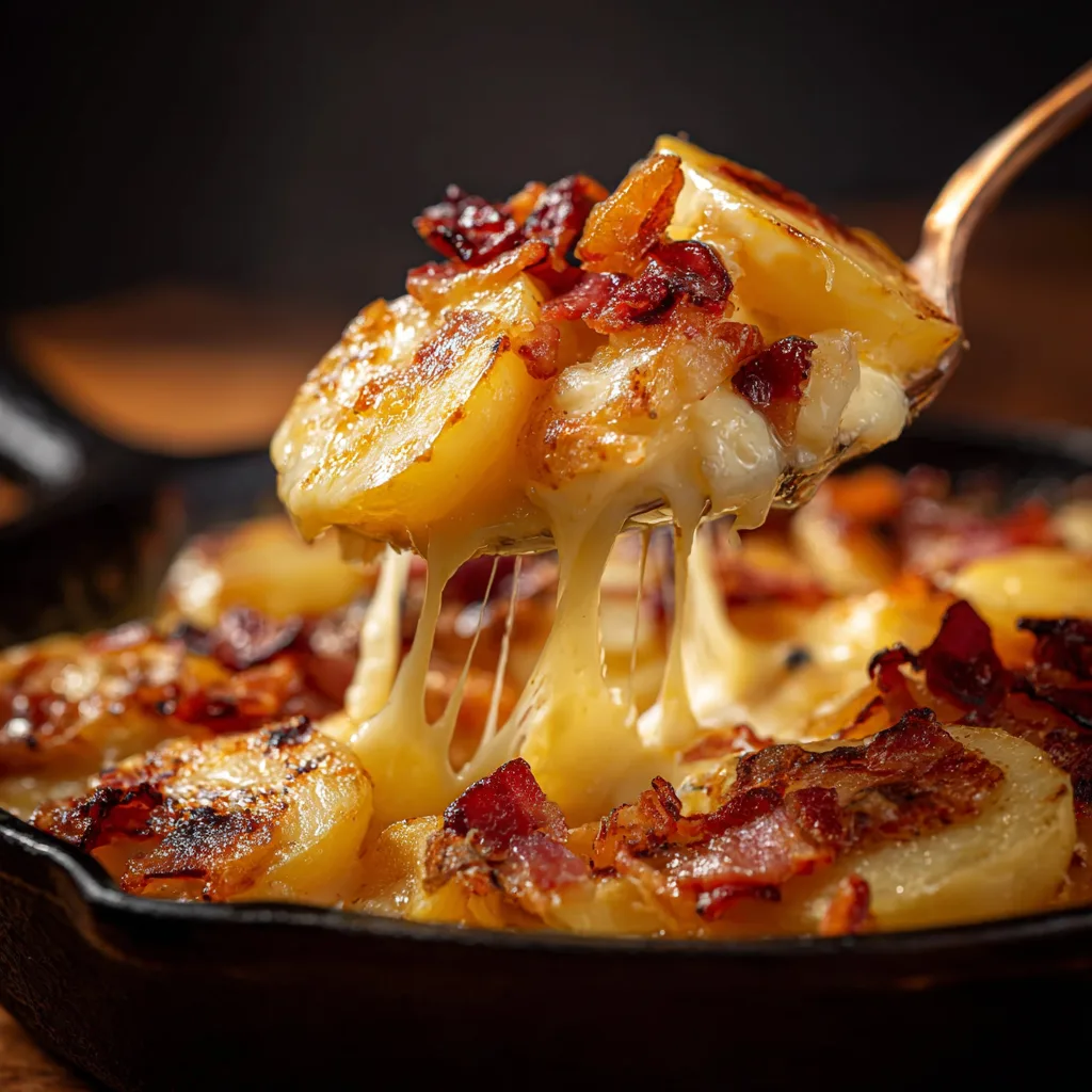 Gros plan sur une cuillerée de tartiflette avec reblochon fondu, pommes de terre et lardons.