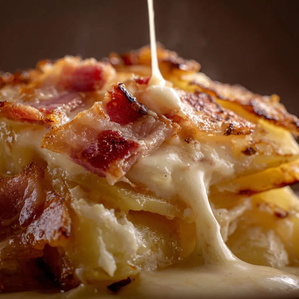 Gros plan texture crémeuse Tartiflette Savoyarde reblochon coulant pommes de terre lardons