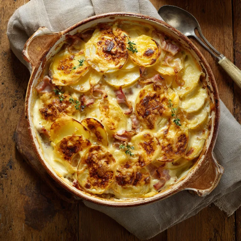 Tartiflette Savoyarde authentique au reblochon fondu vue de dessus dans un plat à gratin rustique