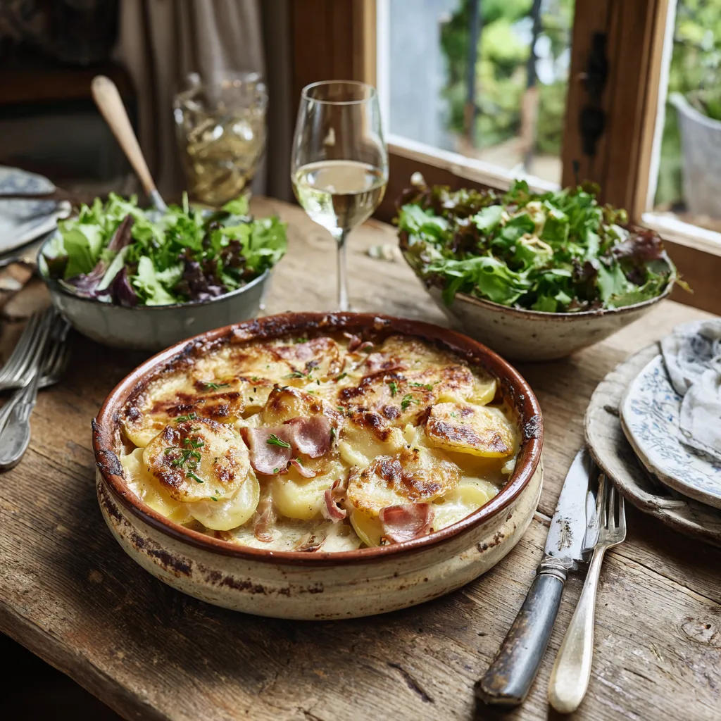 Tartiflette Savoyarde servie table diner accompagnement salade vin blanc Savoie