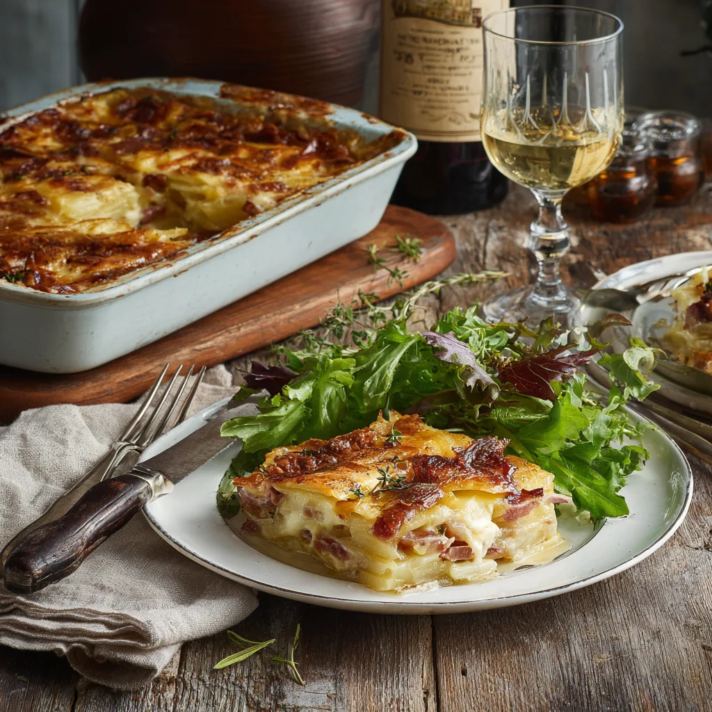 Assiette de tartiflette servie avec salade verte et verre de vin blanc.