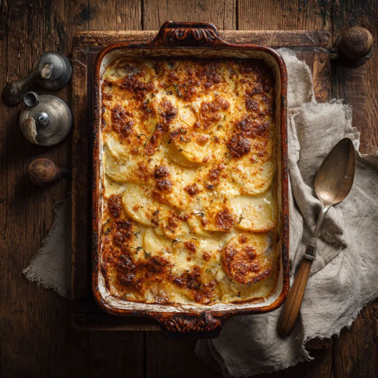 Tartiflette traditionnelle vue du dessus dans un plat gratiné, avec reblochon doré et pommes de terre fondantes.
