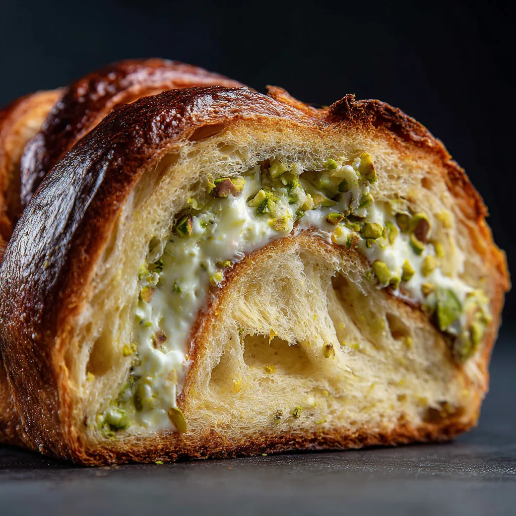 Gros plan texture moelleuse brioche roulée pistache avec garniture crémeuse verte