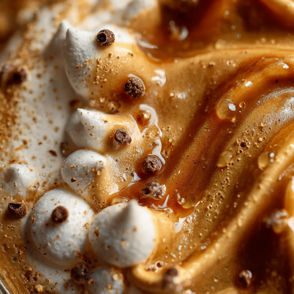 Gros plan sur la texture onctueuse de la glace au café avec éclats de meringue blanche