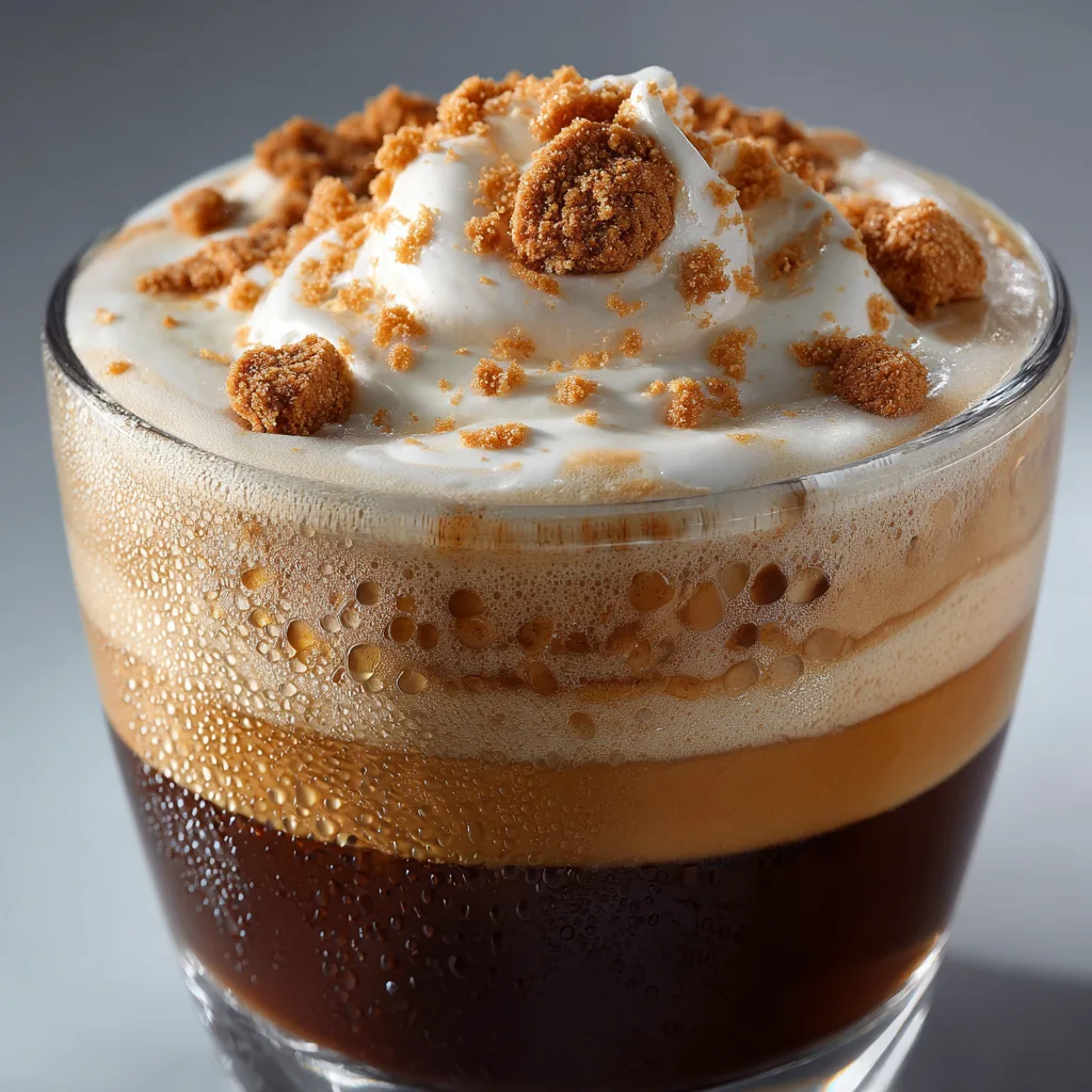 Gros plan texture latte spéculoos montrant couches de café espresso lait moussé et crème fouettéeLes belles couches crémeuses d'un latte spéculoos parfaitement préparé avec café, lait épicé et mousse