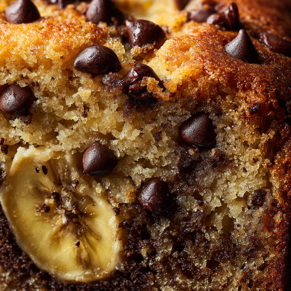 Gros plan de la texture moelleuse du Cake Bananes Chocolat avec pépites fondantes