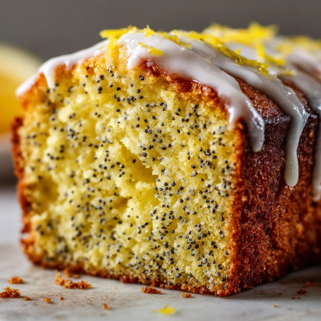 Gros plan texture moelleuse cake citron pavot avec graines noires et mie dorée